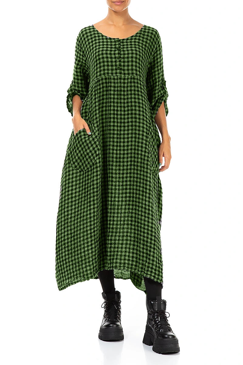 Buttoned Shamrock Green Check Linen Dress 3