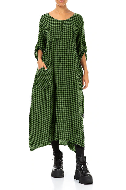 Buttoned Shamrock Green Check Linen Dress 3
