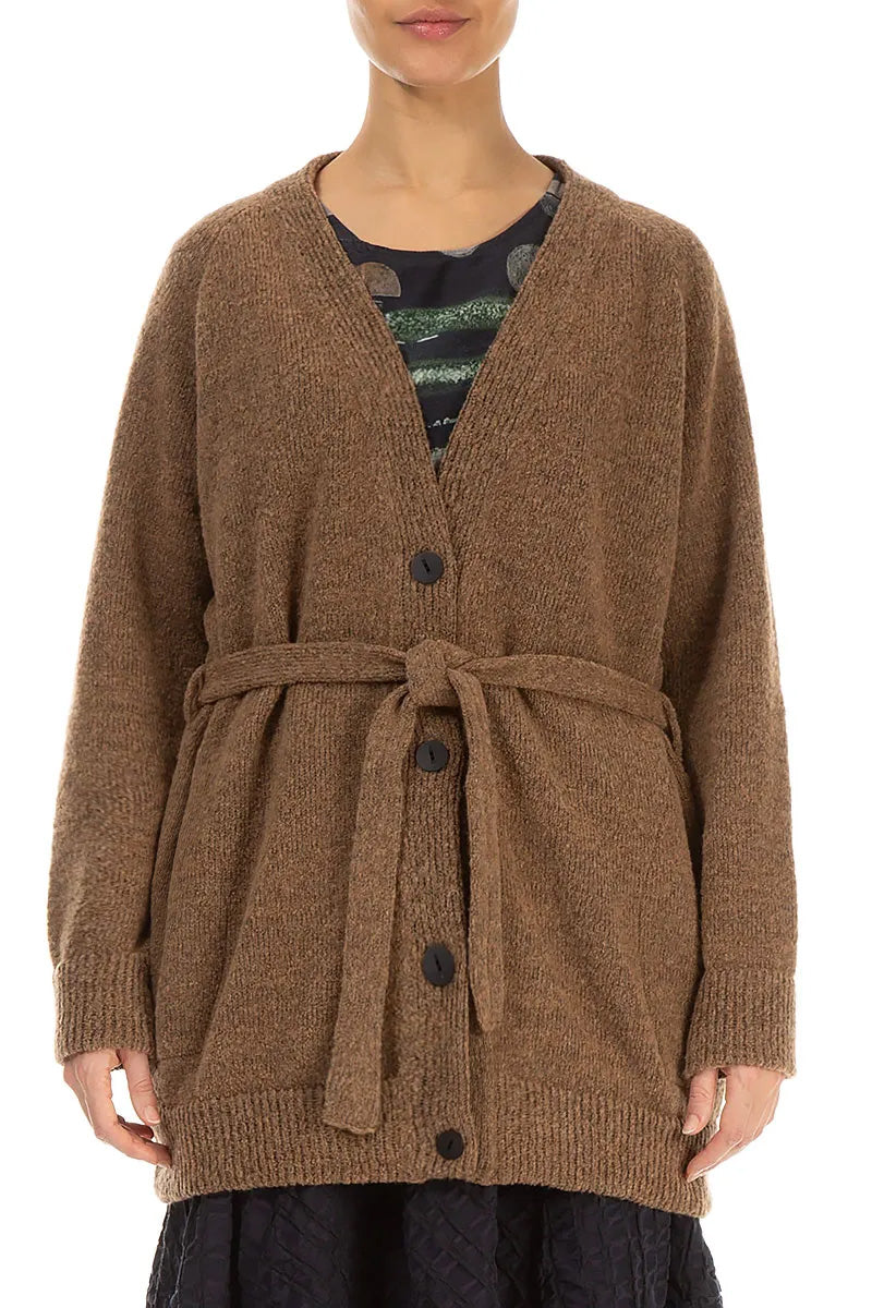 Buttoned V-Neck Caramel Wool Cardigan 1