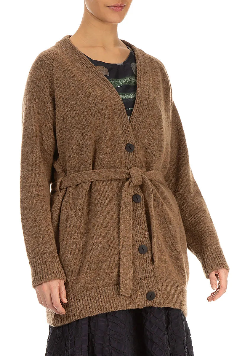 Buttoned V-Neck Caramel Wool Cardigan 3