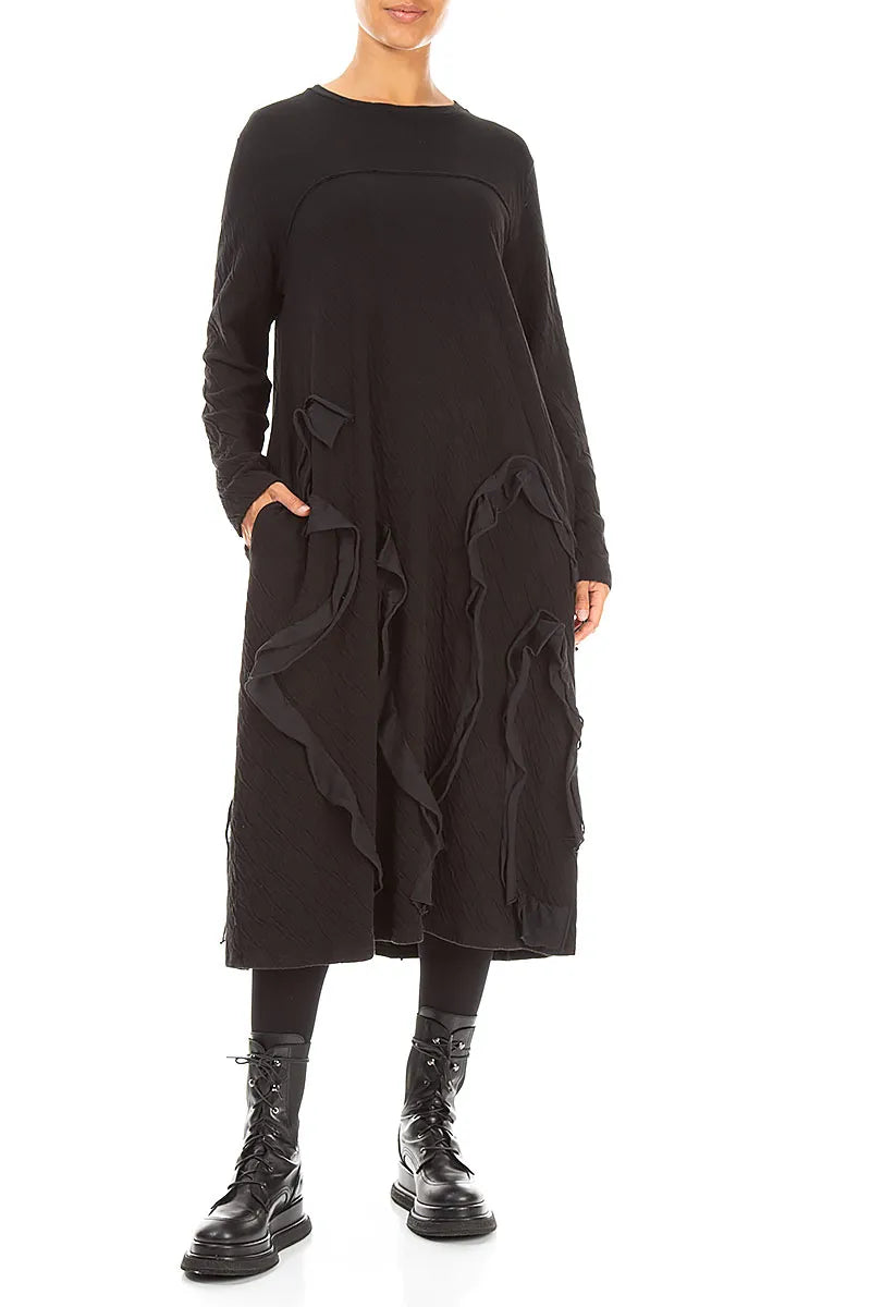 Cascading Waves Black Wavy Cotton Dress 4