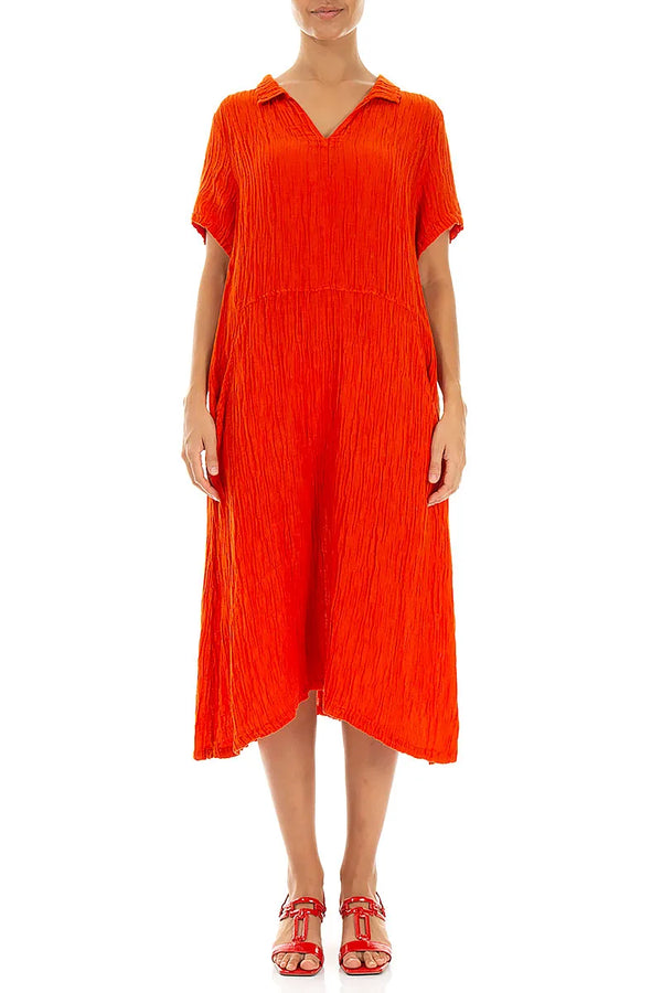 Collar Neck Crinkled Flame Orange Silk Dress 1
