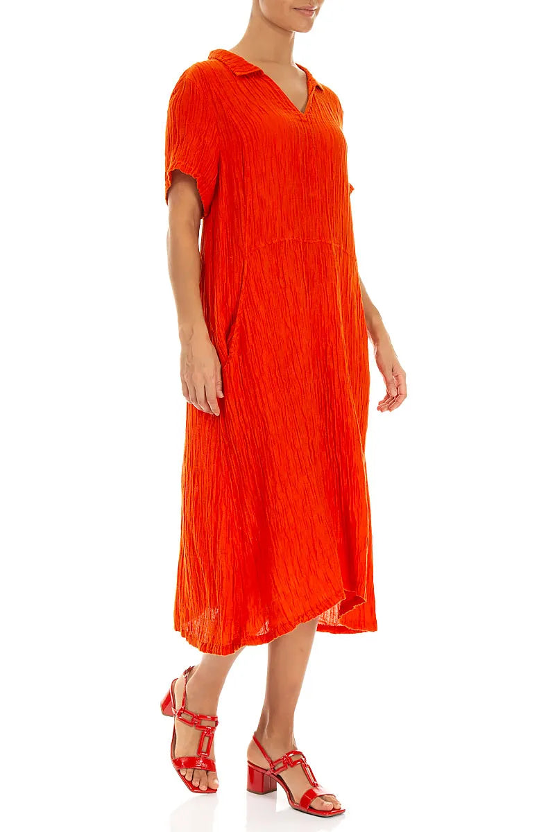 Collar Neck Crinkled Flame Orange Silk Dress 3
