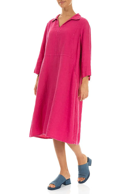 Collar Neck Fuchsia Linen Dress 3