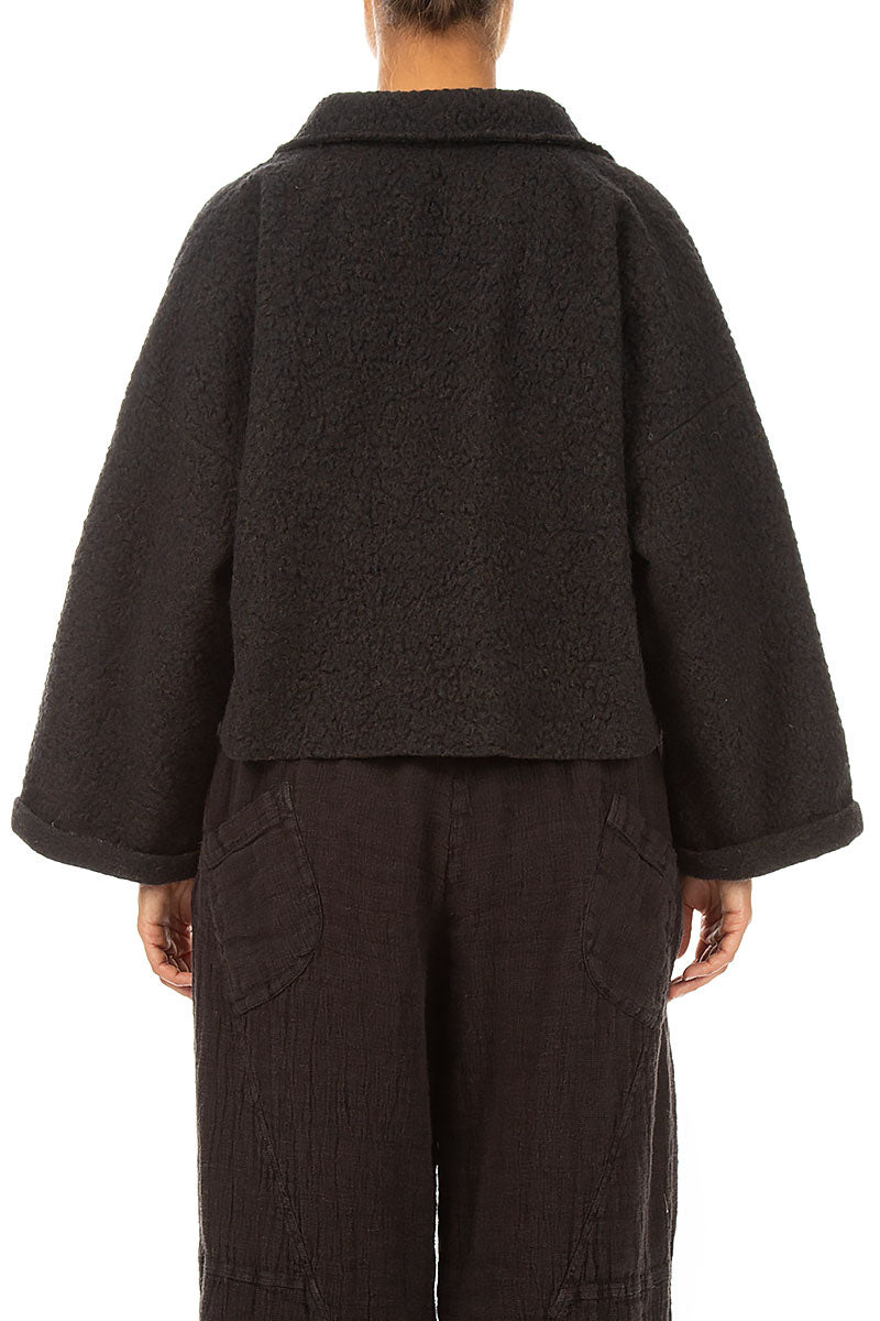 Collar Neck Short Charcoal Plush Wool Coat 2