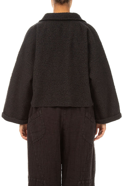 Collar Neck Short Charcoal Plush Wool Coat