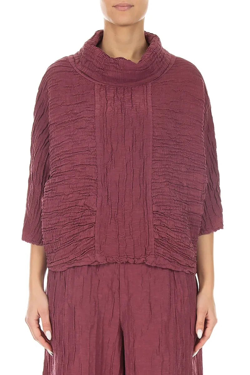 Cowl Neck Crinkled Antique Ruby Silk Linen Blouse 1