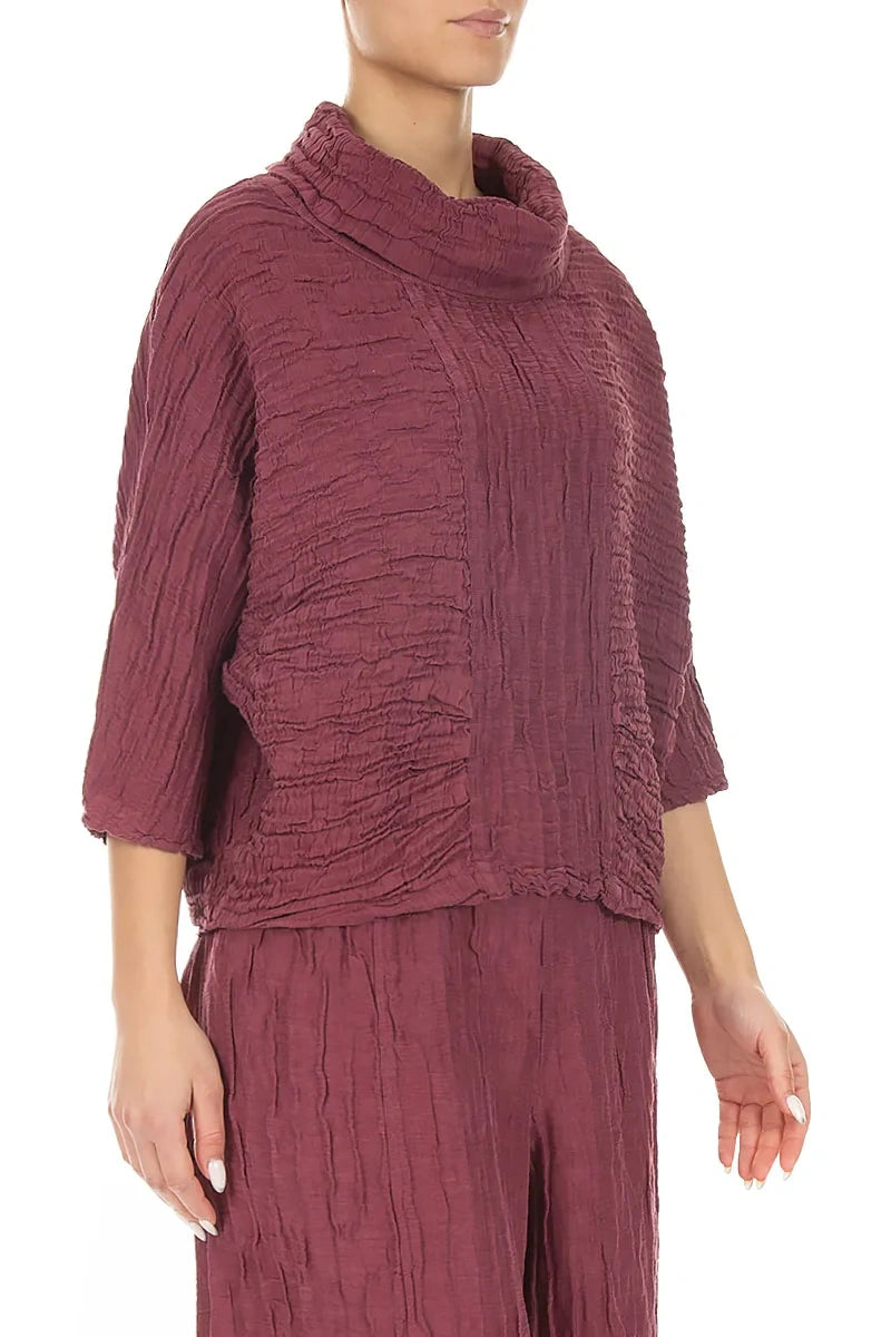 Cowl Neck Crinkled Antique Ruby Silk Linen Blouse 3