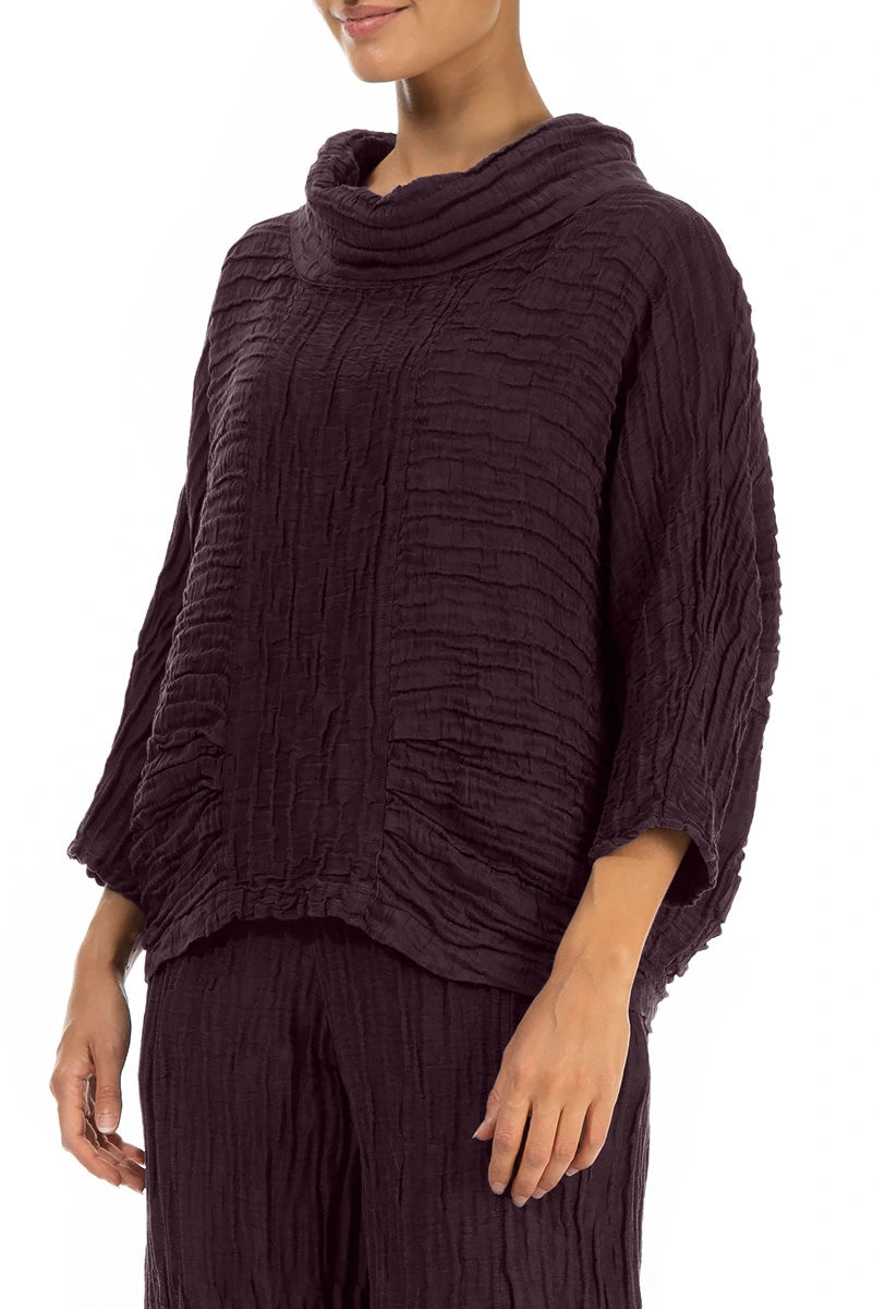 Cowl Neck Crinkled Deep Plum Silk Linen Blouse 3