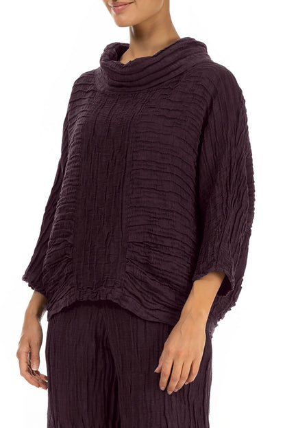 Cowl Neck Crinkled Deep Plum Silk Linen Blouse 3