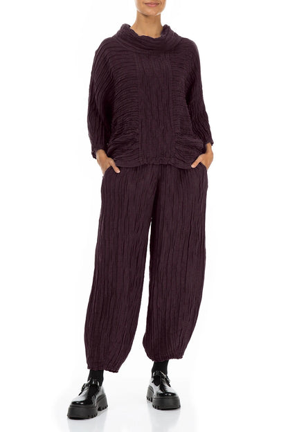 Cowl Neck Crinkled Deep Plum Silk Linen Blouse 4