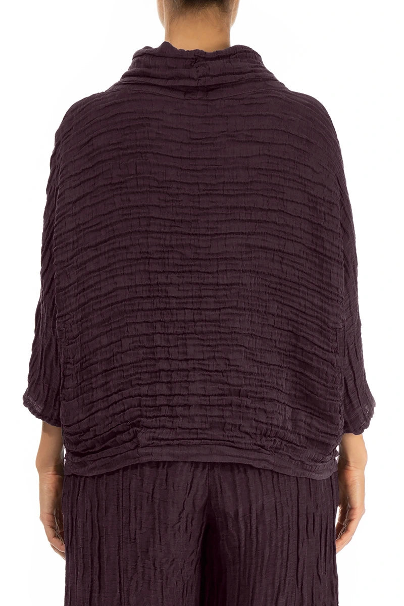Cowl Neck Crinkled Deep Plum Silk Linen Blouse 2
