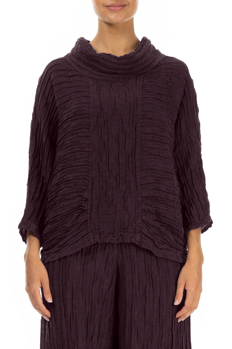 Cowl Neck Crinkled Deep Plum Silk Linen Blouse 1