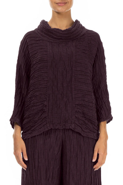 Cowl Neck Crinkled Deep Plum Silk Linen Blouse 1