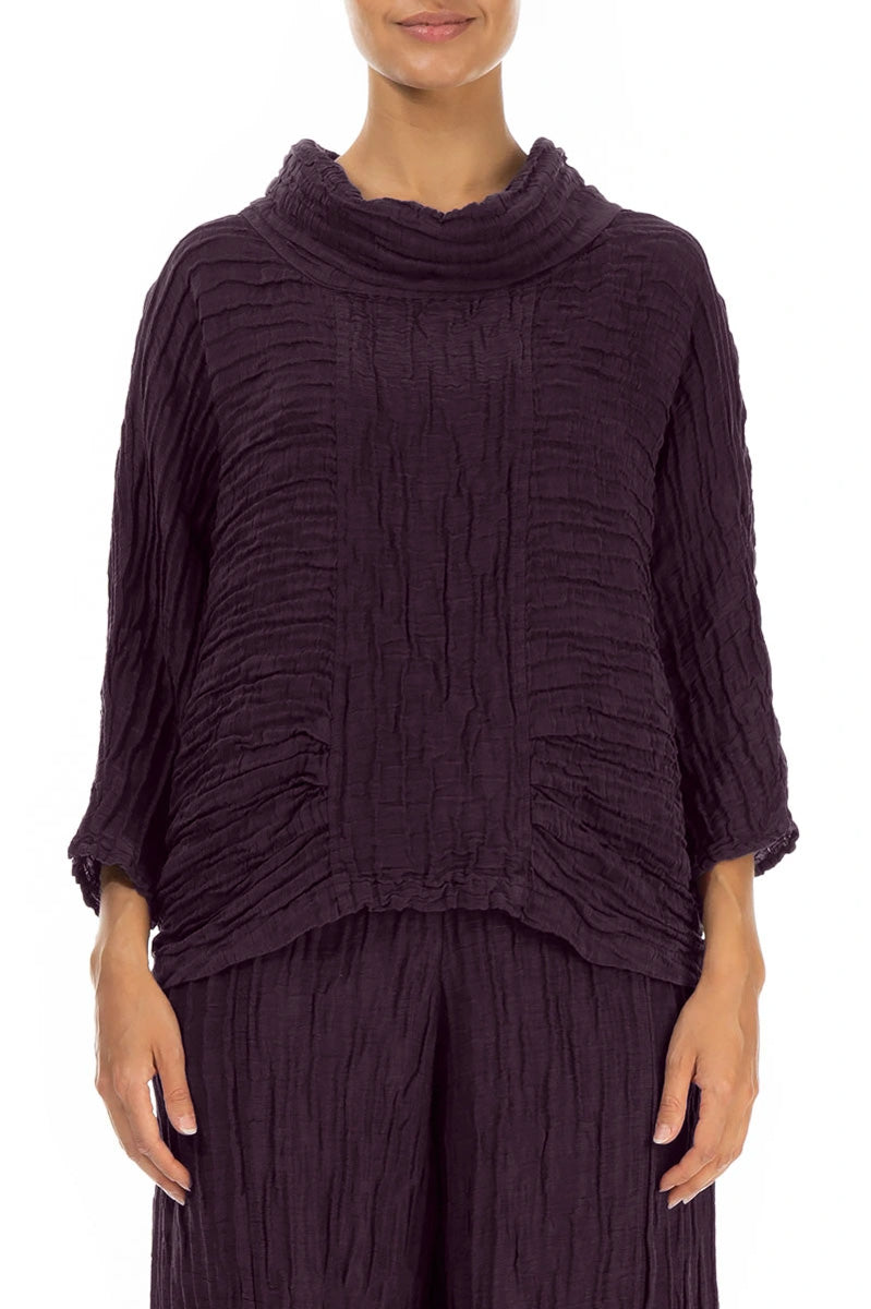 Cowl Neck Crinkled Deep Plum Silk Linen Blouse 1