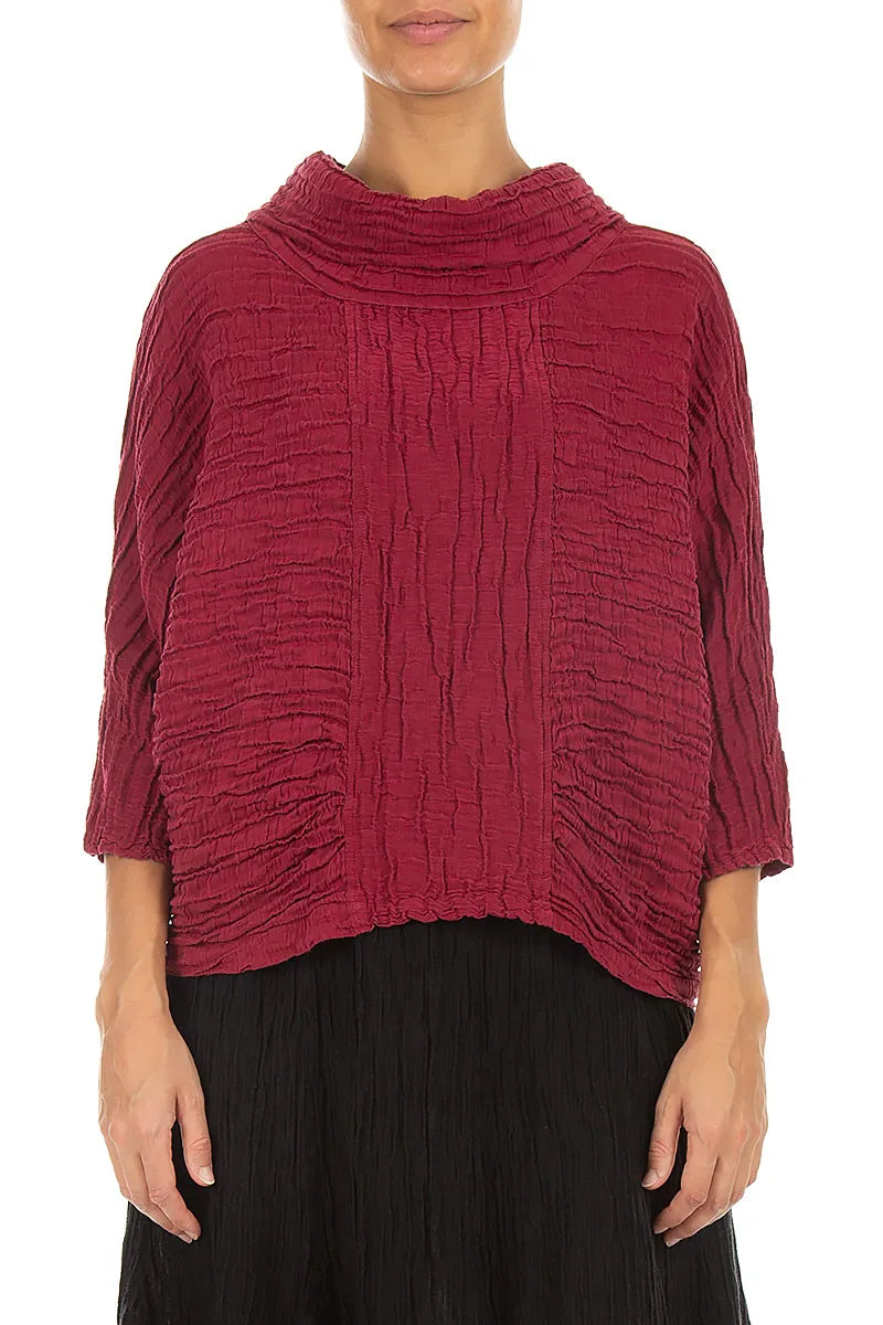 Cowl Neck Crinkled Ruby Silk Linen Blouse