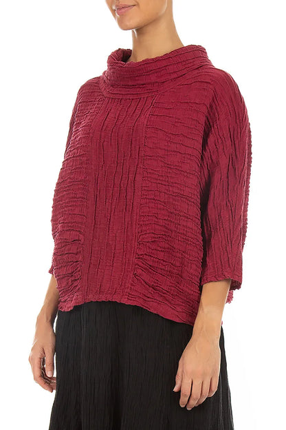 Cowl Neck Crinkled Ruby Silk Linen Blouse