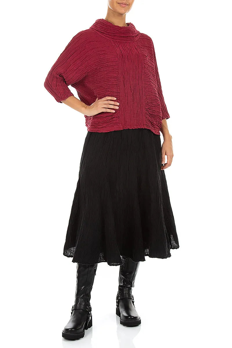 Cowl Neck Crinkled Ruby Silk Linen Blouse