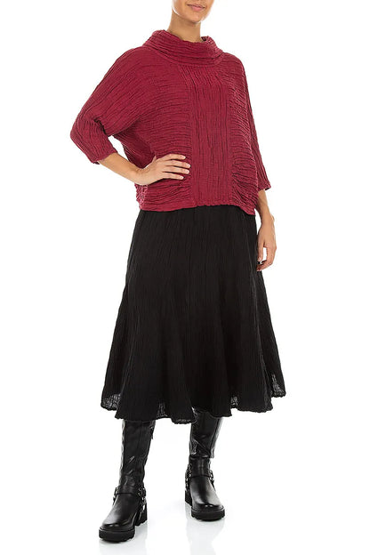 Cowl Neck Crinkled Ruby Silk Linen Blouse
