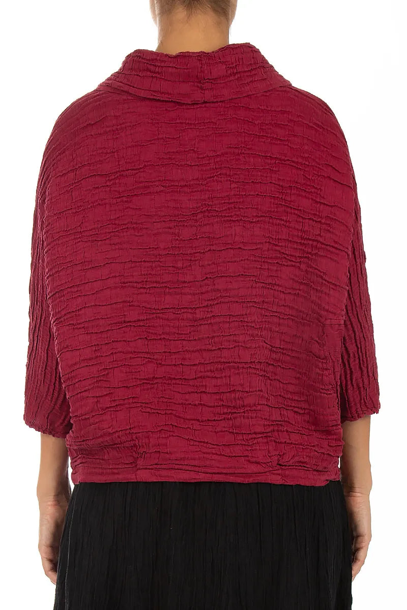 Cowl Neck Crinkled Ruby Silk Linen Blouse