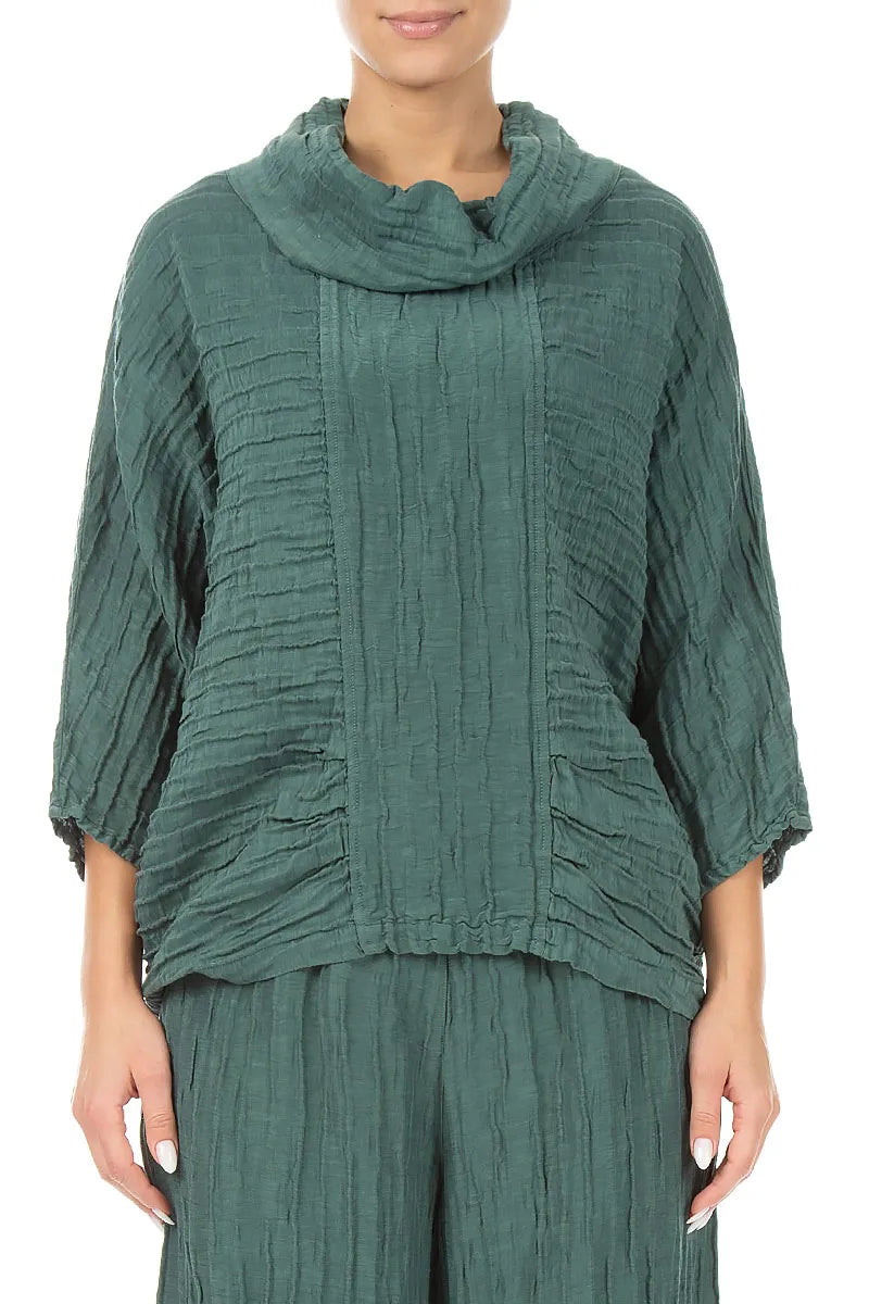 Cowl Neck Crinkled Sage Silk Linen Blouse 1