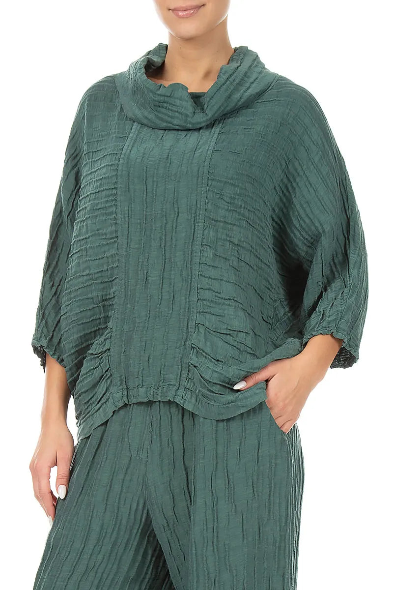 Cowl Neck Crinkled Sage Silk Linen Blouse 3