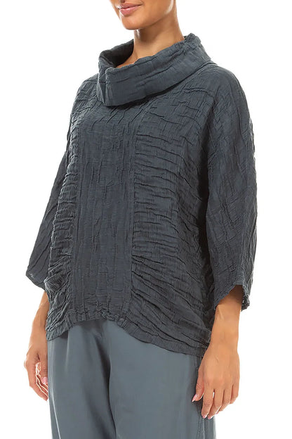 Cowl Neck Crinkled Slate Silk Linen Blouse
