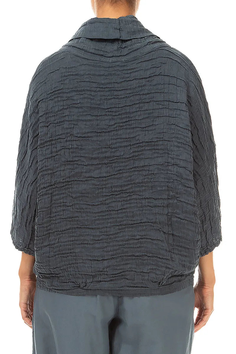 Cowl Neck Crinkled Slate Silk Linen Blouse