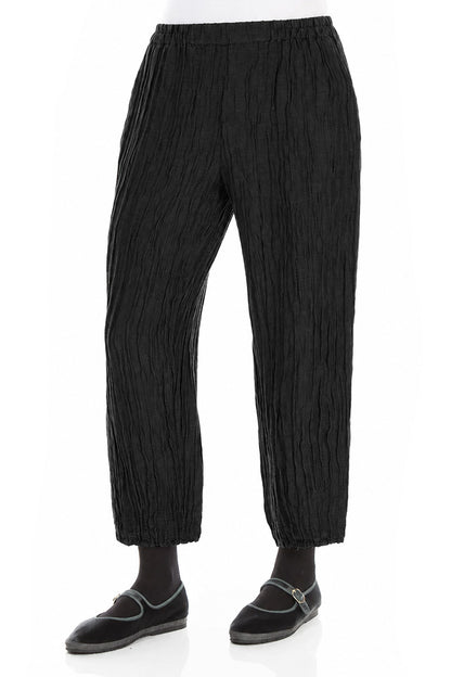 Cropped Crinkled Black Silk Linen Trousers