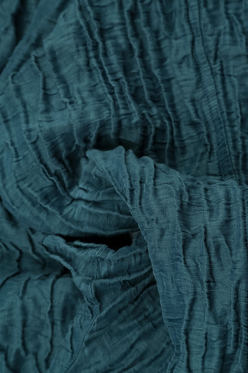Curved Hem Deep Turquoise Crinkled Silk Linen Dress 5
