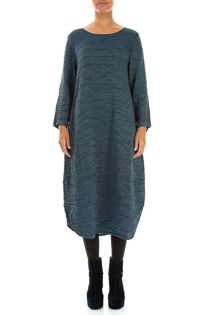 Curved Hem Deep Turquoise Crinkled Silk Linen Dress 1