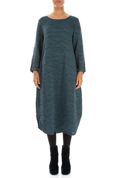 Curved Hem Deep Turquoise Crinkled Silk Linen Dress 1