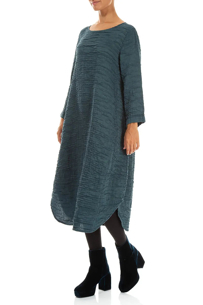 Curved Hem Deep Turquoise Crinkled Silk Linen Dress 3