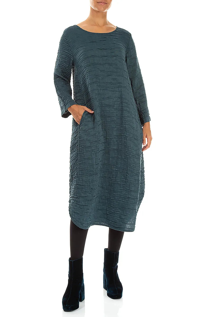 Curved Hem Deep Turquoise Crinkled Silk Linen Dress 4