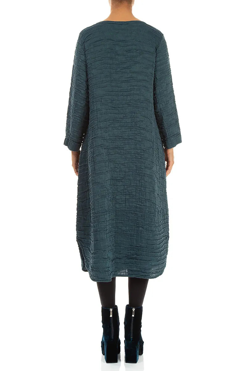 Curved Hem Deep Turquoise Crinkled Silk Linen Dress 2