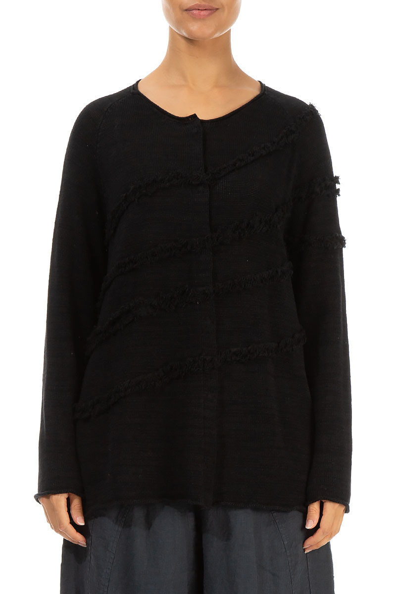 Decorated Front Black Linen Cardigan 1