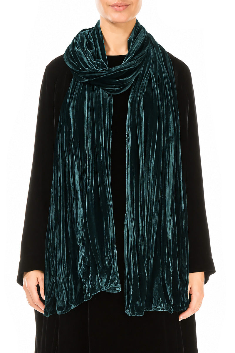 Deep Turquoise Crumpled Silk Velvet Scarf 1