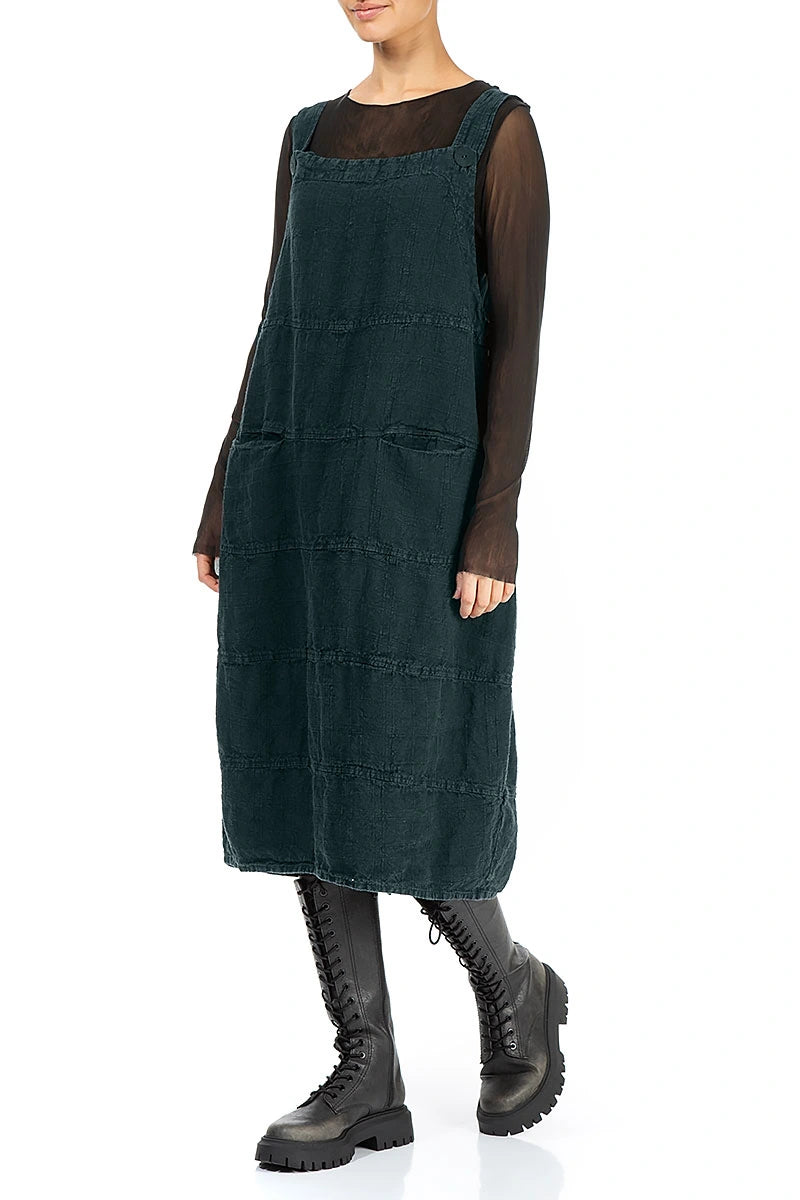 Deep Turquoise Patterned Linen Dungaree Dress