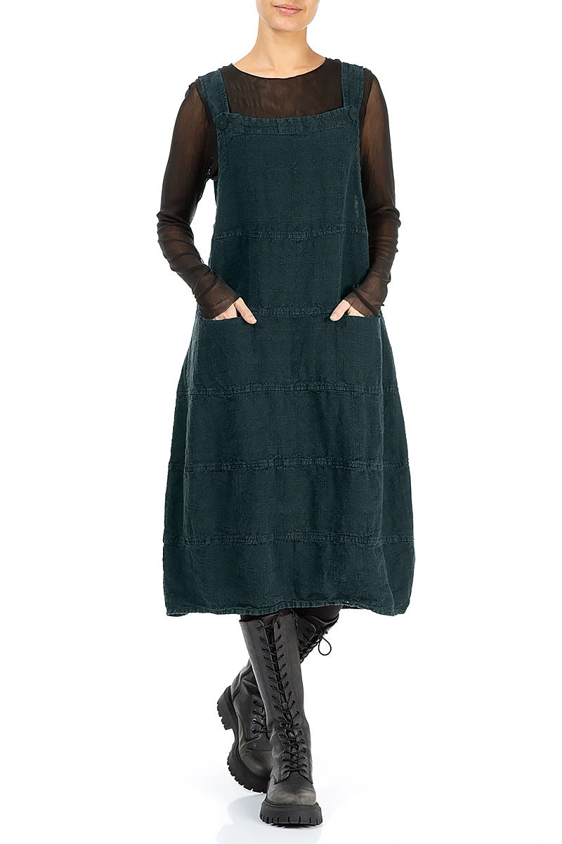 Deep Turquoise Patterned Linen Dungaree Dress