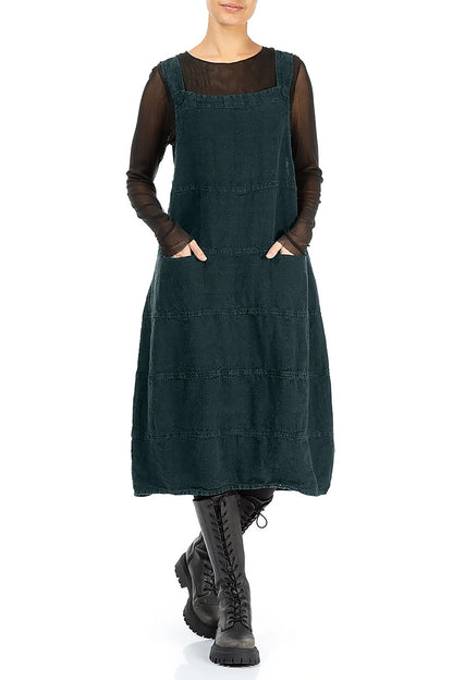 Deep Turquoise Patterned Linen Dungaree Dress