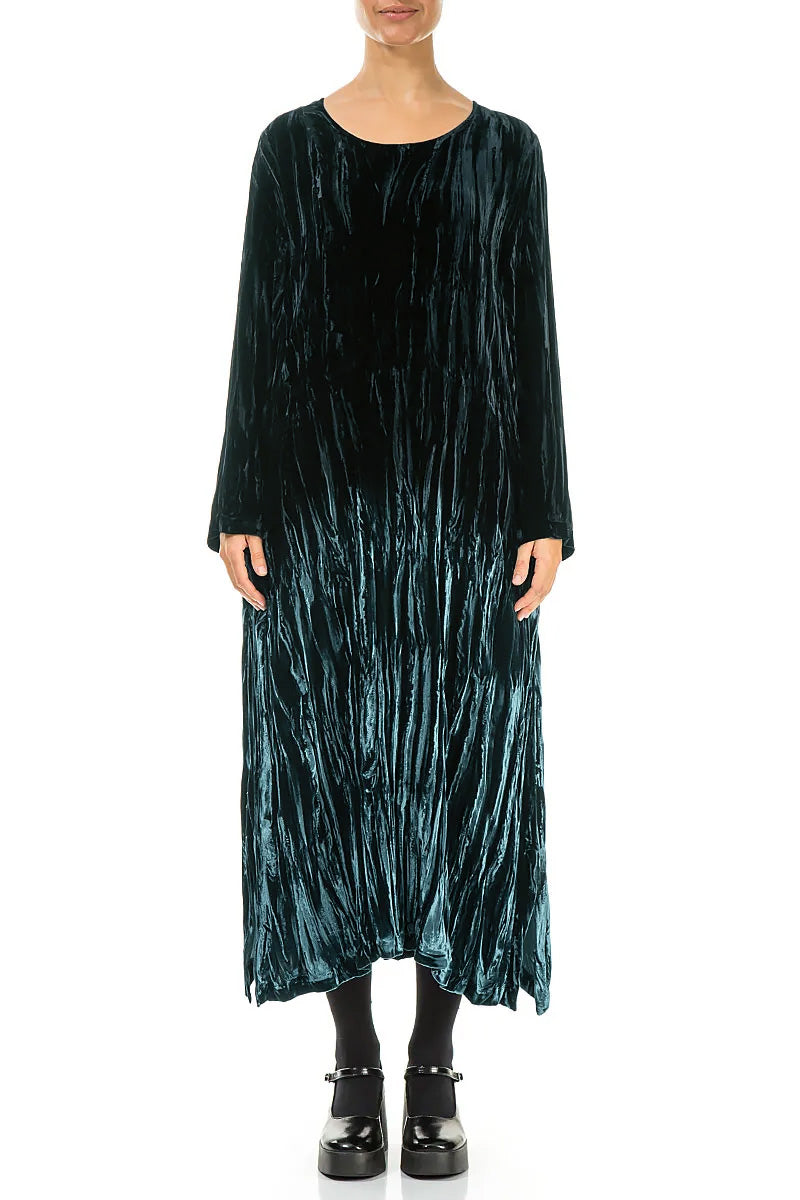 Deep Turquoise Silk Velvet Ombré Shift Dress 1
