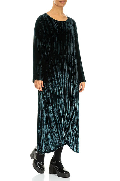 Deep Turquoise Silk Velvet Ombré Shift Dress 3