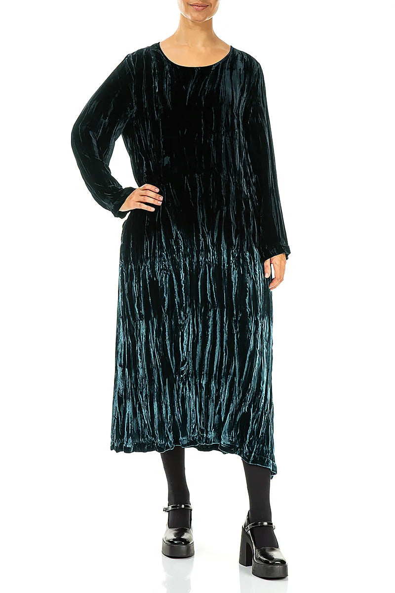 Deep Turquoise Silk Velvet Ombré Shift Dress 4