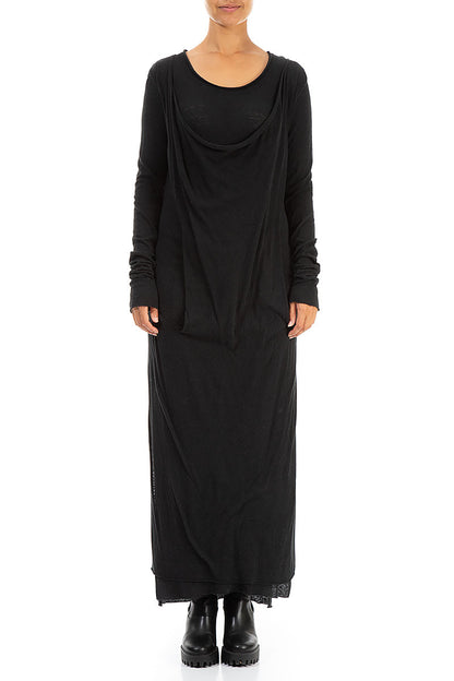 Draped Black Cotton Maxi Dress 1