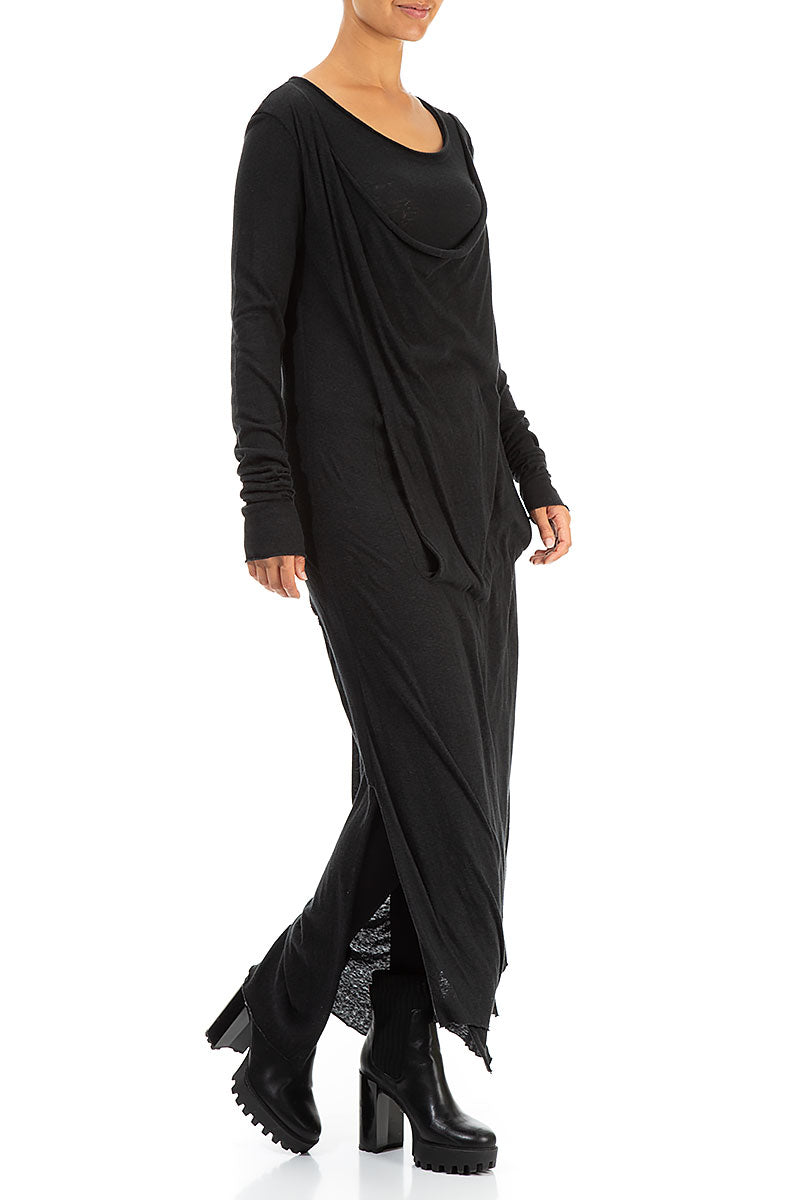 Draped Black Cotton Maxi Dress 3