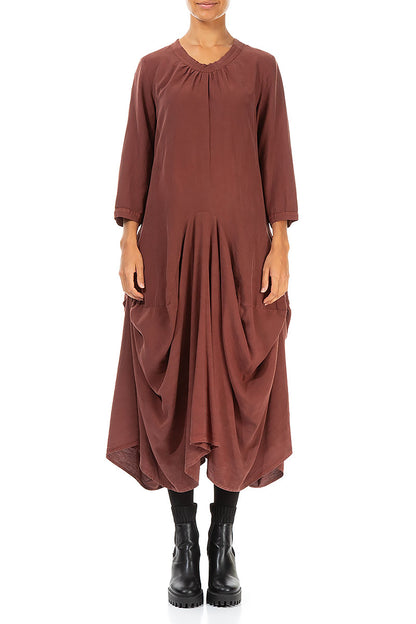 Draped Cocoa Silk Linen Dress 1