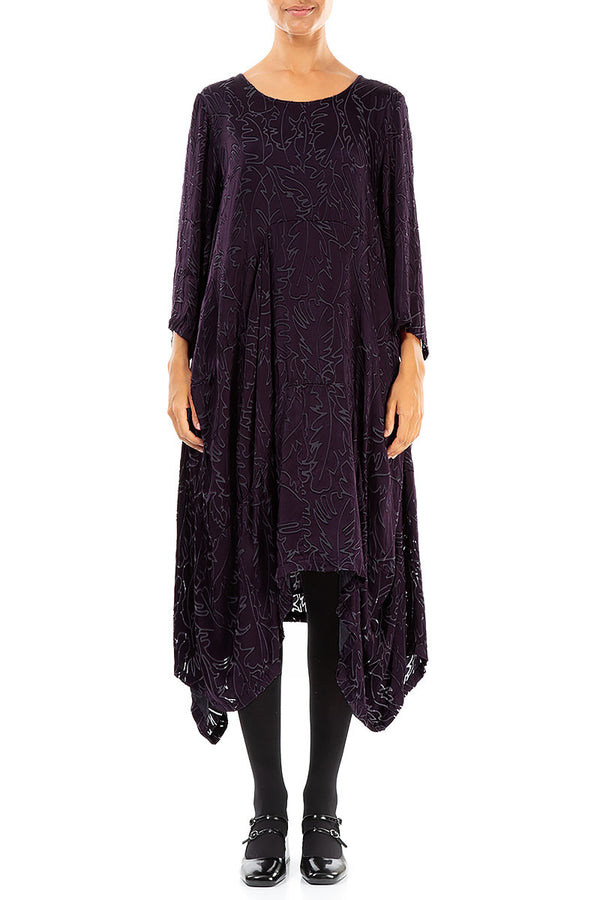 Draped Deep Plum Devoré Feather Silk Dress 1