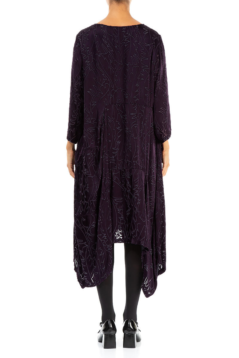 Draped Deep Plum Devoré Feather Silk Dress 2