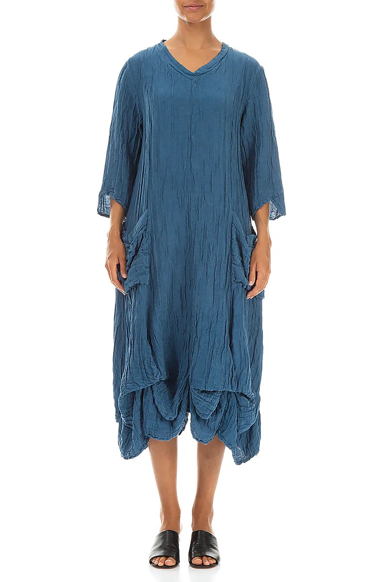 Draped Crinkled Denim Blue Silk Linen Dress 1
