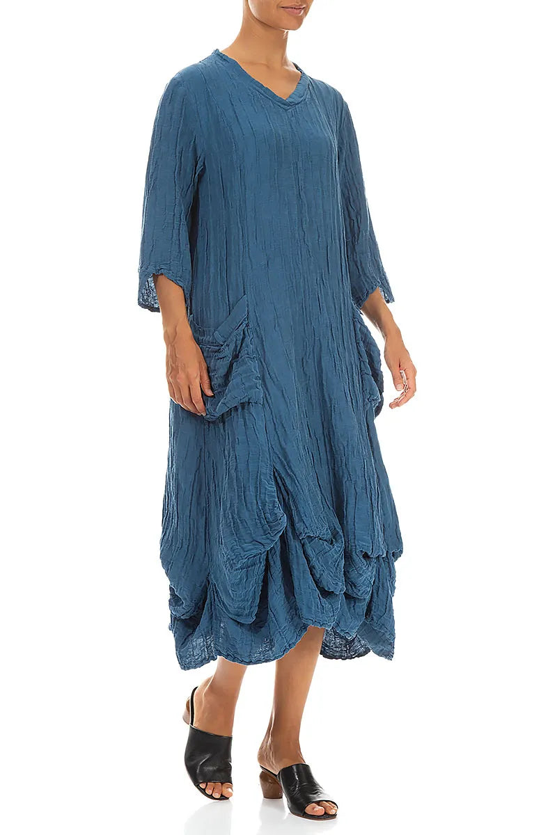 Draped Crinkled Denim Blue Silk Linen Dress 3